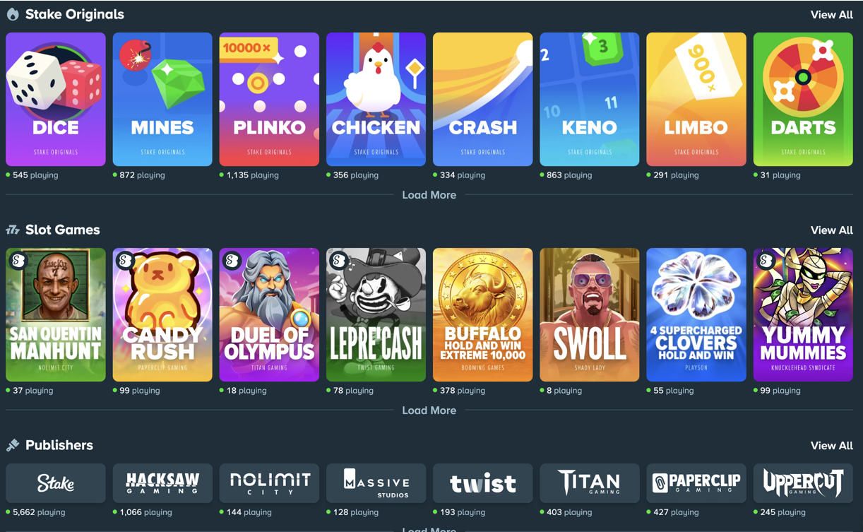 Игровой раздел Stake Casino